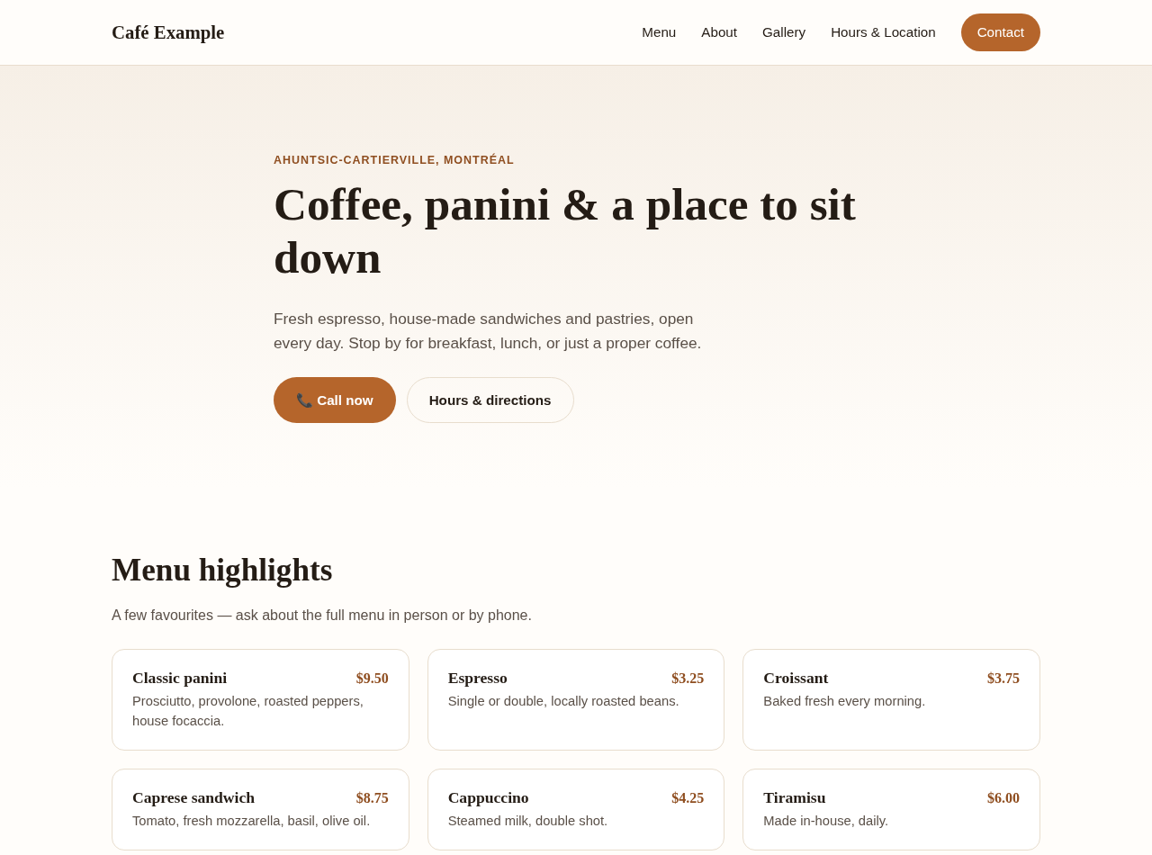 Preview of a café website template: hero section and menu highlights